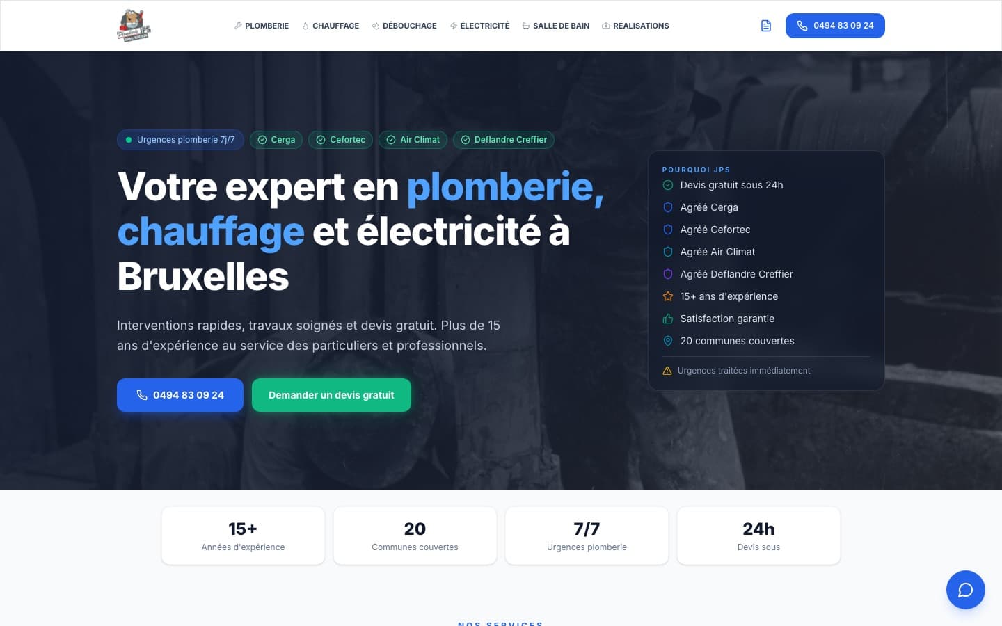 Page d'accueil du site JPS Plomberie : titre « Votre expert en plomberie, chauffage et électricité à Bruxelles », boutons d'appel et de devis gratuit