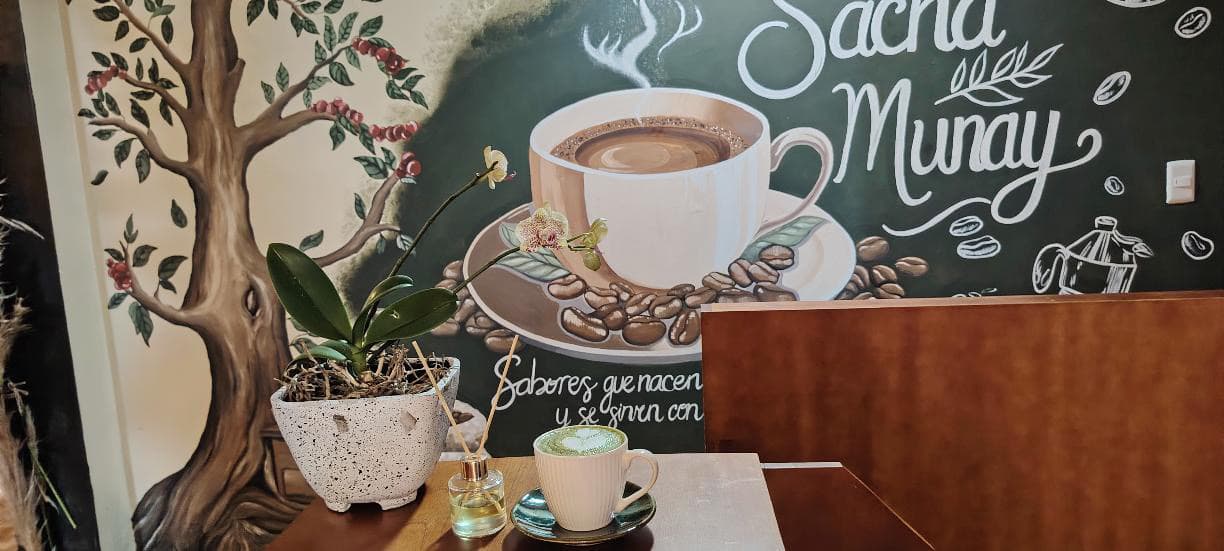 La salle du café Sacha Munay : fresque d'un caféier et d'une tasse, un matcha latte posé sur la table